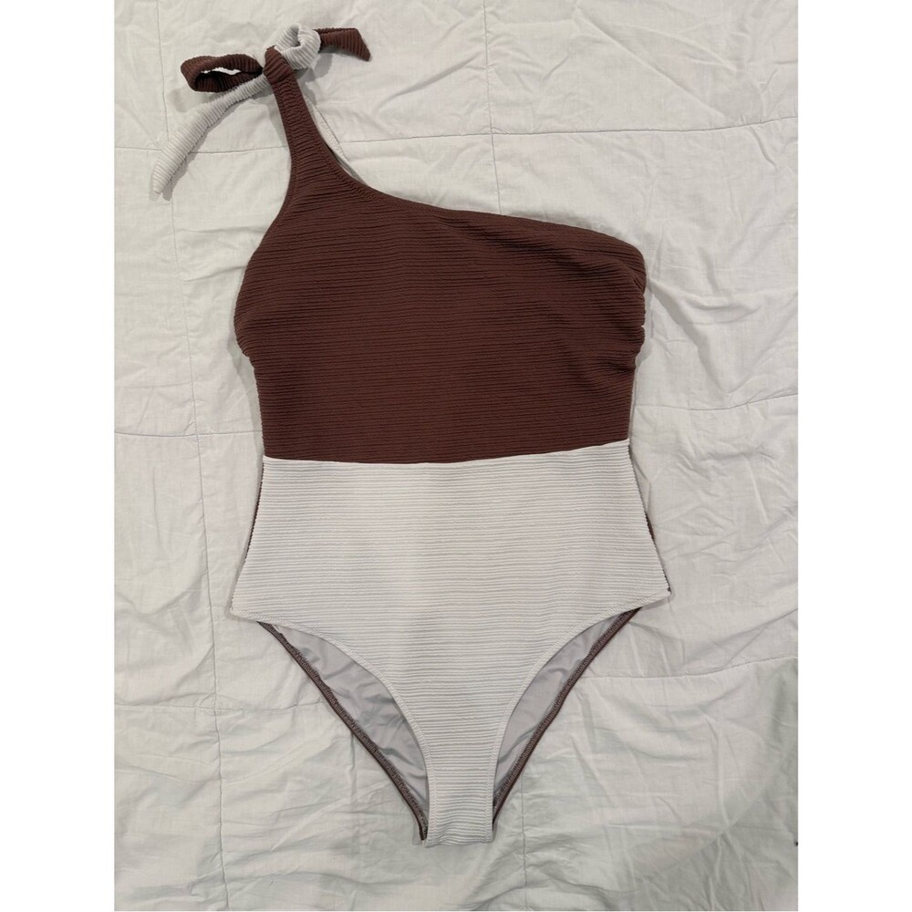 Women’s One-Shoulder Two-Tone One Piece Swimsuit in Brown and Cream, Size XL